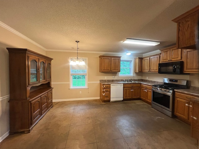 199 Bucksnort Rd, Covington, TN 38019 - kitchen with black microwave, stainless steel gas stove, dishwasher, dark countertops, and brown cabinets