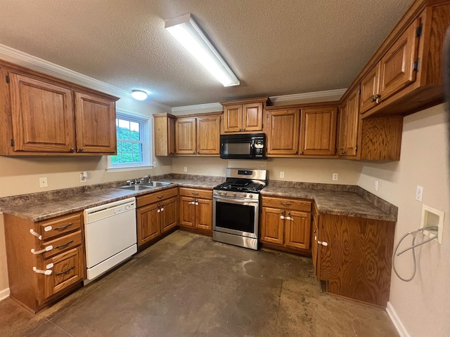 199 Bucksnort Rd, Covington, TN 38019 - kitchen featuring white dishwasher, black microwave, stainless steel gas range oven, brown cabinetry, and dark countertops