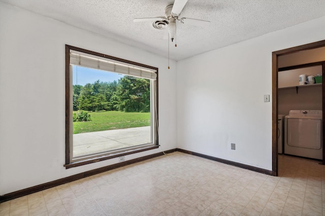 8783 Deadfall Rd, Millington, TN 38053 - spare room featuring washing machine and dryer, a textured ceiling, light floors, and a ceiling fan