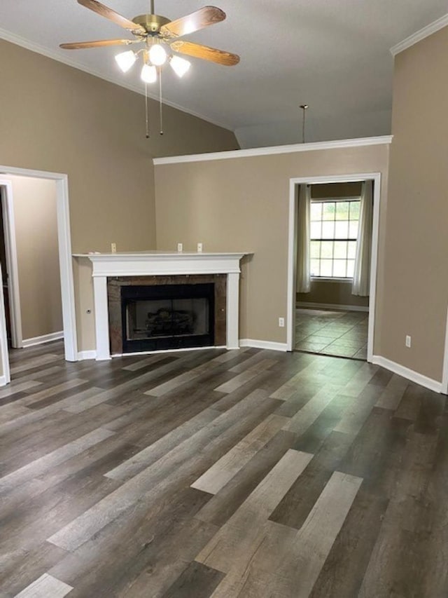 4769 Shadow View Ln, Bartlett, TN 38002 - unfurnished living room with a fireplace, a ceiling fan, ornamental molding, wood finished floors, and lofted ceiling