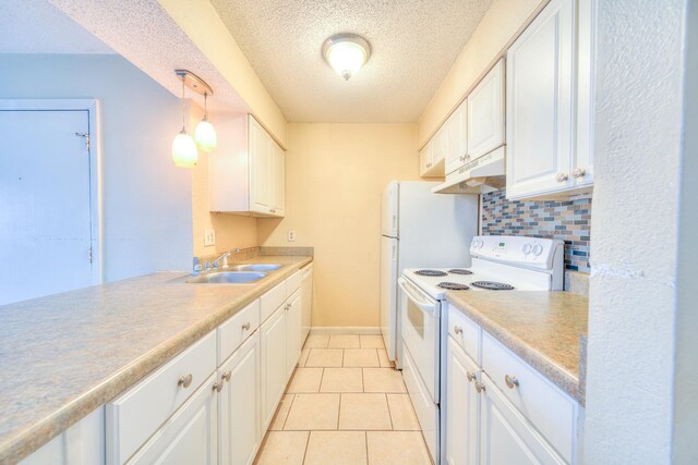 6773 Quail Hollow Ct Unit 1, Memphis, TN 38120 - kitchen featuring white electric range, a textured ceiling, under cabinet range hood, white cabinetry, and decorative backsplash
