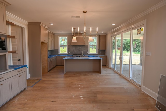 1710 Slocum Rd, Hernando, MS 38632 - kitchen with crown molding, backsplash, custom range hood, light wood-style flooring, and an island with sink