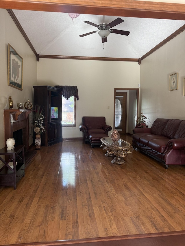 4431 Green Creek Dr, Memphis, TN 38125 - living room featuring lofted ceiling, ornamental molding, a ceiling fan, a fireplace, and wood finished floors
