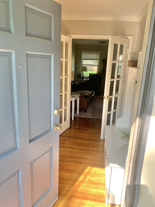 2526 Currywood Cv, Germantown, TN 38138 - corridor with light wood finished floors, crown molding, and french doors