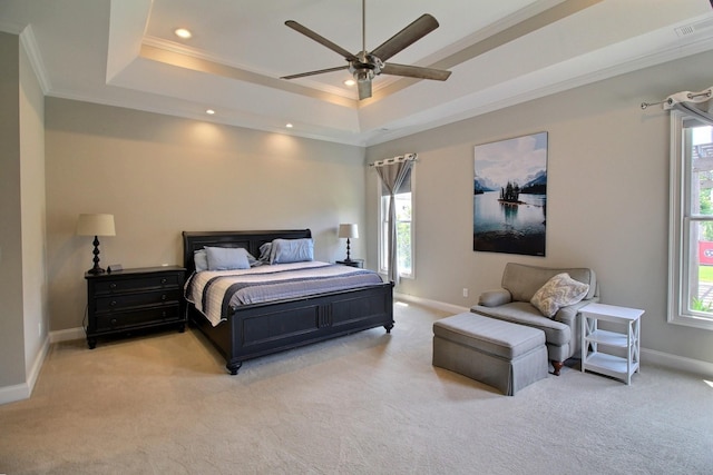 3181 Chapel Woods Cv, Germantown, TN 38139 - bedroom featuring a tray ceiling, light carpet, ornamental molding, recessed lighting, and ceiling fan
