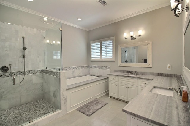 3181 Chapel Woods Cv, Germantown, TN 38139 - bathroom featuring a stall shower, a garden tub, vanity, crown molding, and tile patterned floors