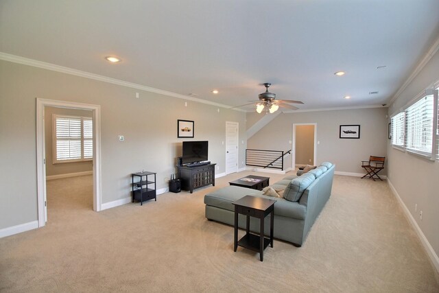 3181 Chapel Woods Cv, Germantown, TN 38139 - living area with light colored carpet, recessed lighting, crown molding, healthy amount of natural light, and ceiling fan