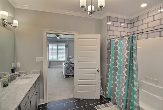 3181 Chapel Woods Cv, Germantown, TN 38139 - full bathroom with tile patterned flooring, vanity, ornamental molding, curtained shower, and ceiling fan