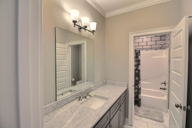 3181 Chapel Woods Cv, Germantown, TN 38139 - bathroom featuring marble finish floors, vanity, ornamental molding, and shower / tub combo