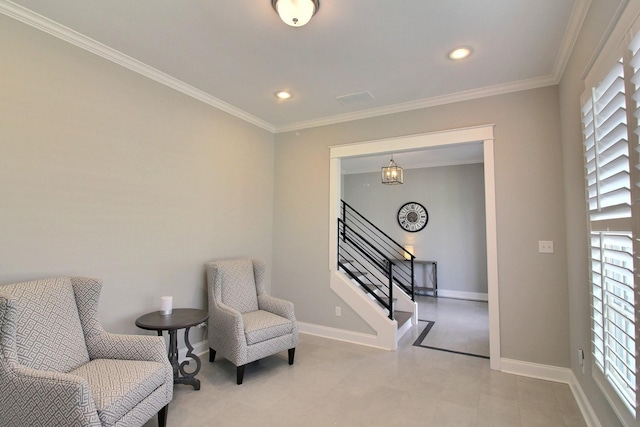 3181 Chapel Woods Cv, Germantown, TN 38139 - living area featuring stairs, crown molding, and recessed lighting