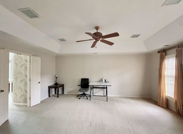 9168 Sycamore Creek Cv, Germantown, TN 38139 - office with a tray ceiling, light colored carpet, and a ceiling fan
