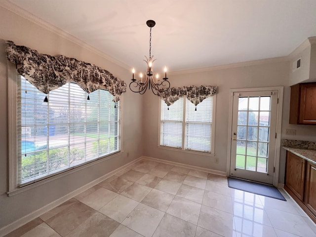9168 Sycamore Creek Cv, Germantown, TN 38139 - unfurnished dining area featuring crown molding, a chandelier, and light tile patterned floors