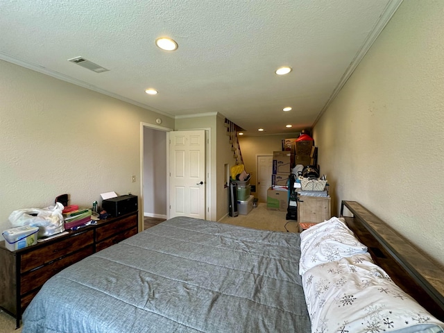 520 Jernigan Dr, Somerville, TN 38068 - bedroom featuring recessed lighting, a textured ceiling, crown molding, and carpet floors