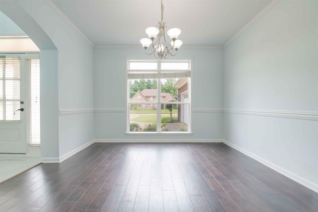 4560 Model Cv, Bartlett, TN 38002 - unfurnished room with a chandelier, arched walkways, dark wood-style floors, and crown molding