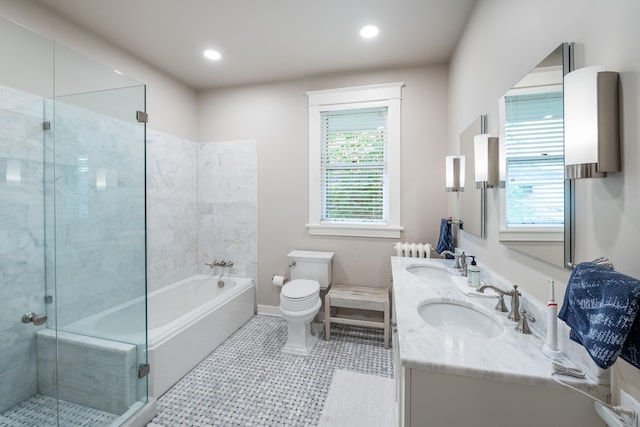 1668 Forest Ave, Memphis, TN 38112 - bathroom with double vanity, an enclosed shower, a bathtub, and recessed lighting