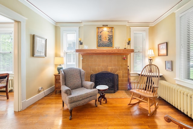 1668 Forest Ave, Memphis, TN 38112 - sitting room featuring radiator, crown molding, light wood-style flooring, and a fireplace
