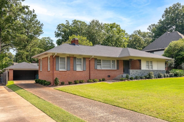 5208 Gwynne Rd, Memphis, TN 38117 - view of front facade featuring an outbuilding, a chimney, brick siding, a front lawn, and a garage