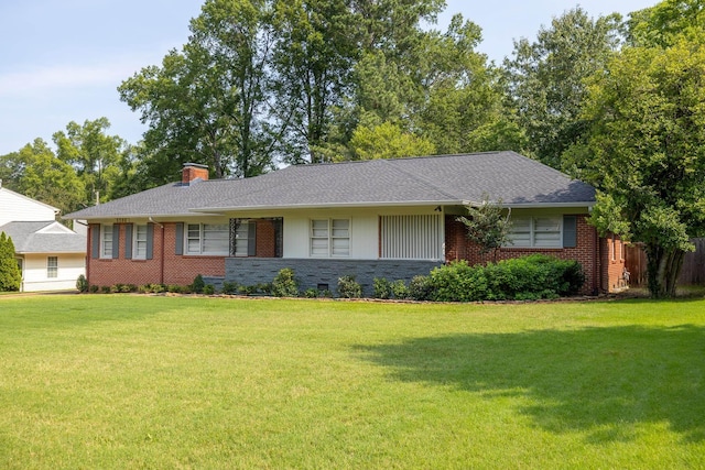 5208 Gwynne Rd, Memphis, TN 38117 - ranch-style house featuring a front yard, brick siding, a chimney, and roof with shingles