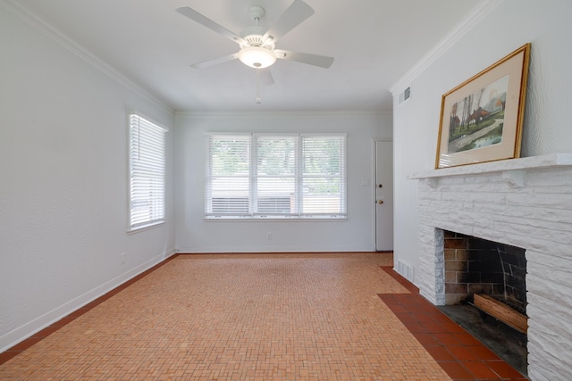 5208 Gwynne Rd, Memphis, TN 38117 - unfurnished living room with crown molding, plenty of natural light, a fireplace, and ceiling fan