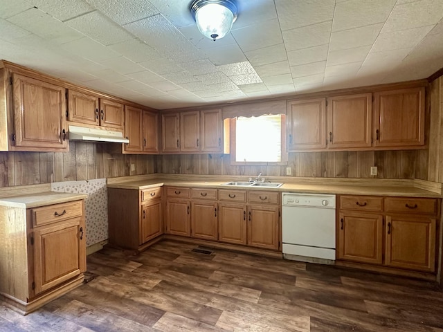 312 Pharr Ave, Selmer, TN 38375 - kitchen with dishwasher, under cabinet range hood, dark wood-style flooring, light countertops, and wood walls