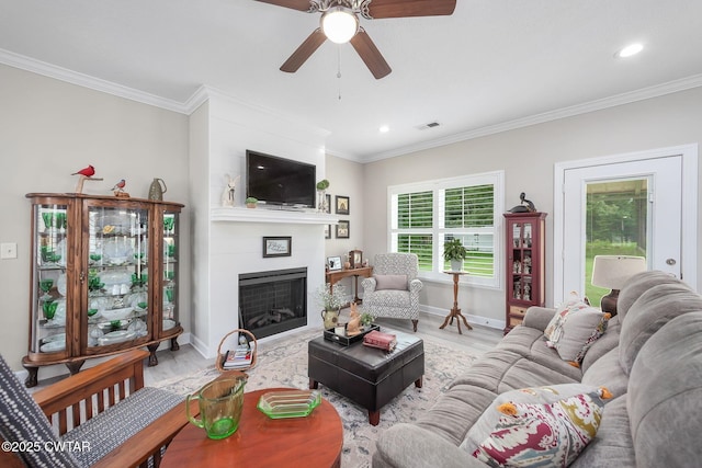571 Todd Ray Cv, Henderson, TN 38340 - living area featuring ceiling fan, a large fireplace, crown molding, recessed lighting, and wood finished floors