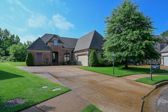 4342 Robinson Loop, Olive Branch, MS 38654 - french country style house featuring roof with shingles, brick siding, a front lawn, and a garage