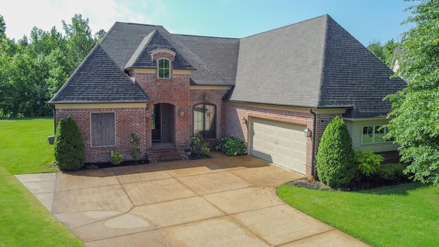 4342 Robinson Loop, Olive Branch, MS 38654 - french country style house with brick siding, roof with shingles, concrete driveway, an attached garage, and a front yard