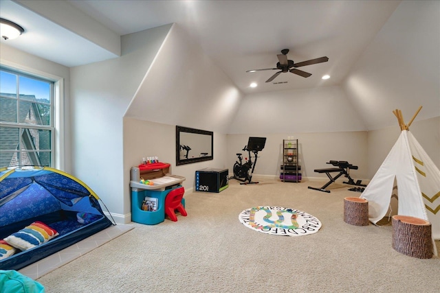 4342 Robinson Loop, Olive Branch, MS 38654 - playroom featuring carpet floors, a ceiling fan, vaulted ceiling, and recessed lighting