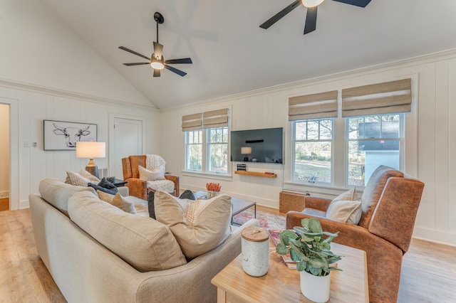 4950 Yum Yum Rd, Somerville, TN 38068 - living room with a ceiling fan, light wood finished floors, a decorative wall, and high vaulted ceiling