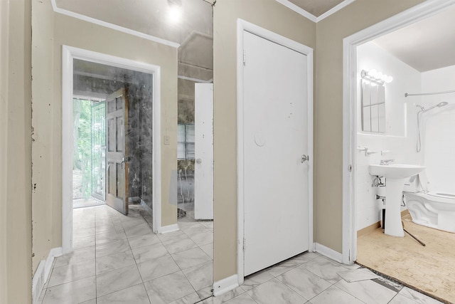 3205 E Shirley Cir, Memphis, TN 38127 - hall featuring light marble finish floors and ornamental molding