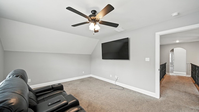 720 Woodland Fox Cv, Cordova, TN 38018 - carpeted home theater with a ceiling fan, arched walkways, and vaulted ceiling