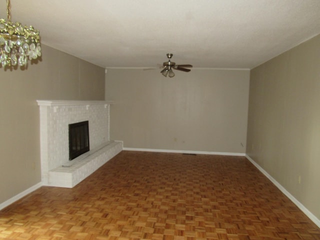 4632 Plato Ave, Memphis, TN 38128 - unfurnished living room featuring ceiling fan and a brick fireplace
