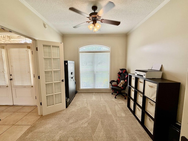 6632 W Thriveaway Cv, Bartlett, TN 38135 - tiled office space with a textured ceiling, crown molding, a ceiling fan, and carpet