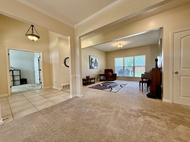 6632 W Thriveaway Cv, Bartlett, TN 38135 - living area featuring carpet, crown molding, and tile patterned floors