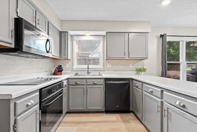 3077 Stonecrest Cir E, Lakeland, TN 38002 - kitchen featuring dishwasher, gray cabinets, stainless steel oven, black electric stovetop, and light wood-style floors