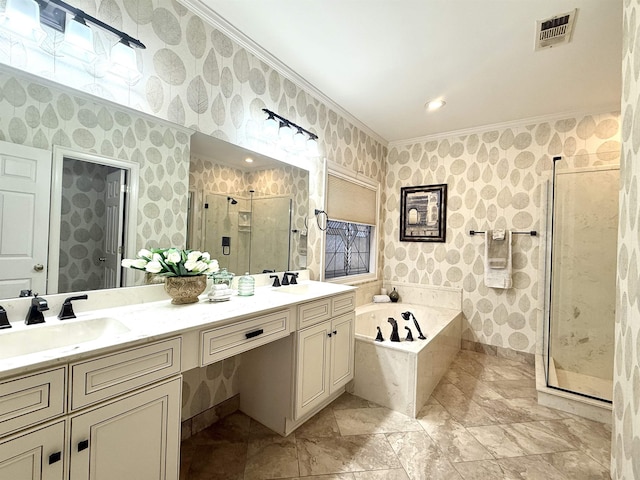 7598 Fairway Forest Dr E, Memphis, TN 38016 - full bath featuring a shower stall, double vanity, ornamental molding, a garden tub, and wallpapered walls