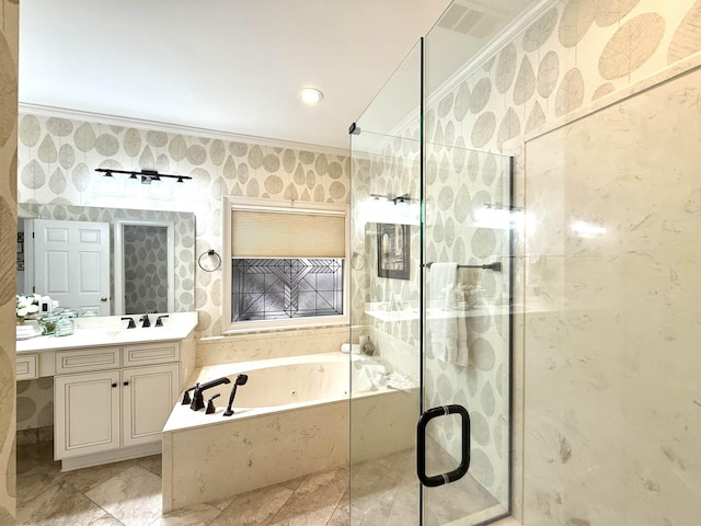 7598 Fairway Forest Dr E, Memphis, TN 38016 - bathroom featuring vanity, a tub with jets, crown molding, a shower stall, and wallpapered walls