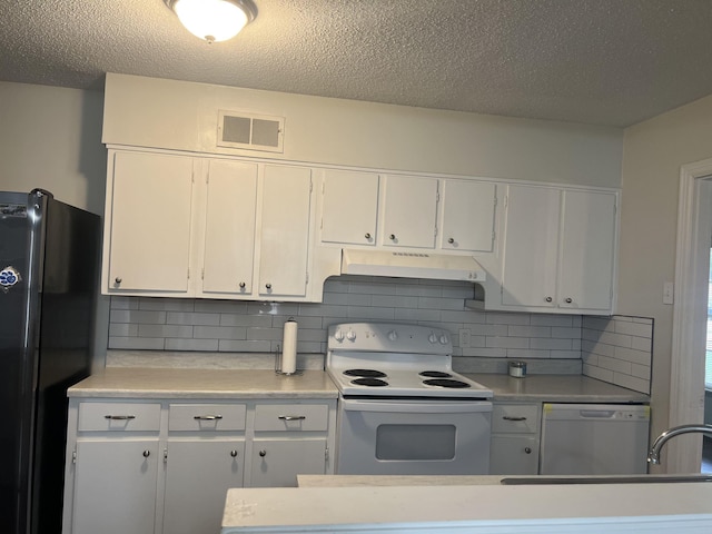 3603 Bigelow St, Memphis, TN 38127 - kitchen featuring white appliances, under cabinet range hood, backsplash, white cabinets, and a textured ceiling
