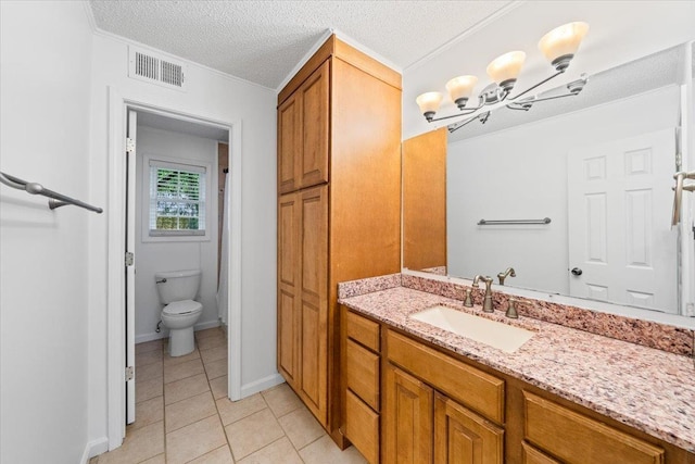 6864 Aspenhill Dr, Bartlett, TN 38135 - full bathroom featuring vanity, tile patterned floors, ornamental molding, a textured ceiling, and a chandelier