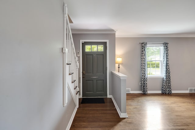 3218 Joffre Ave, Memphis, TN 38111 - foyer with stairway, dark wood finished floors, and ornamental molding