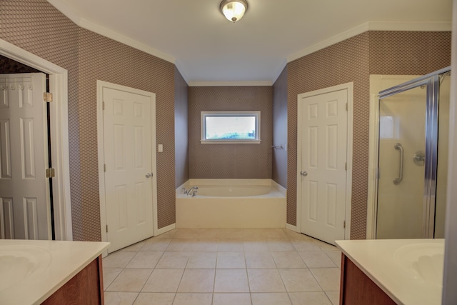 6384 Acree Woods Dr, Olive Branch, MS 38654 - full bath with vanity, ornamental molding, a garden tub, wallpapered walls, and tile patterned floors