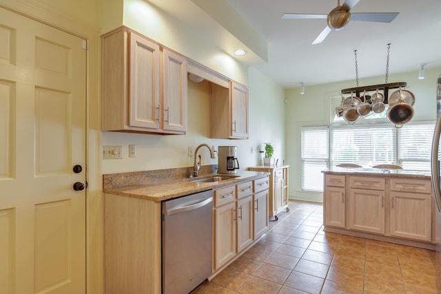 1501 Granville Ln, Memphis, TN 38104 - kitchen featuring dishwasher, ceiling fan, light brown cabinetry, and light stone countertops