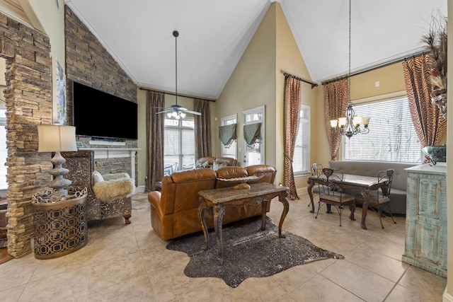 11095 Latting Rd, Eads, TN 38028 - tiled living room with a chandelier, high vaulted ceiling, ornamental molding, and a fireplace