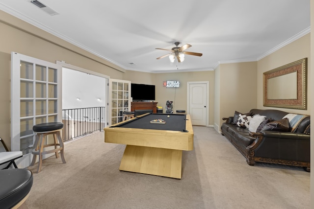 11095 Latting Rd, Eads, TN 38028 - recreation room with light carpet, ceiling fan, ornamental molding, and billiards table