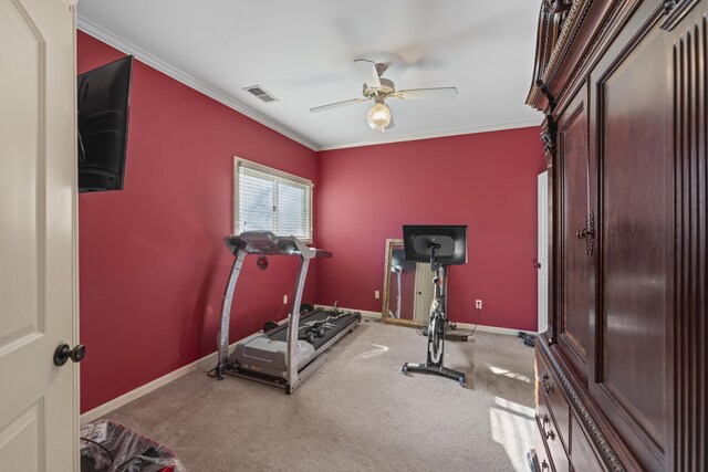 11095 Latting Rd, Eads, TN 38028 - workout area with a ceiling fan, crown molding, and carpet floors