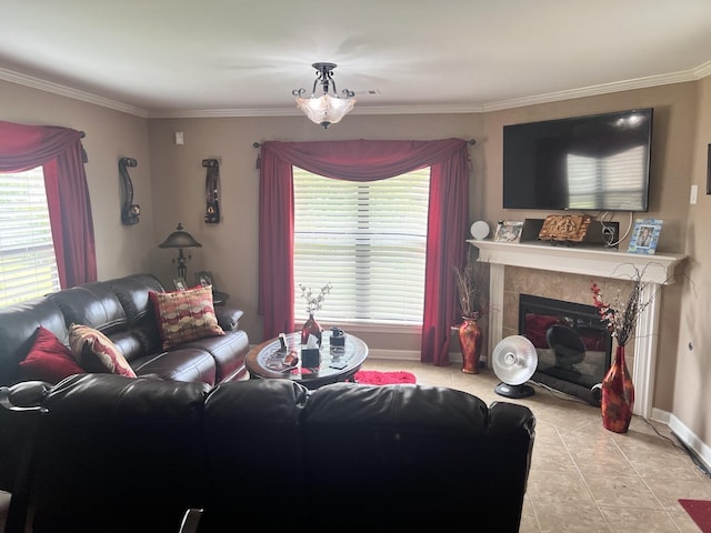 5094 Foggy River Ln, Bartlett, TN 38135 - living room featuring crown molding, a fireplace, and tile patterned flooring