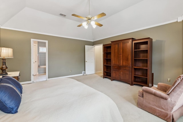 1231 Pinnacle Point Dr, Collierville, TN 38017 - bedroom featuring light colored carpet, lofted ceiling, ornamental molding, ceiling fan, and ensuite bath