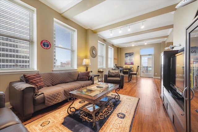 127 Madison Ave Unit 602, Memphis, TN 38103 - living room featuring hardwood / wood-style flooring, track lighting, and beam ceiling