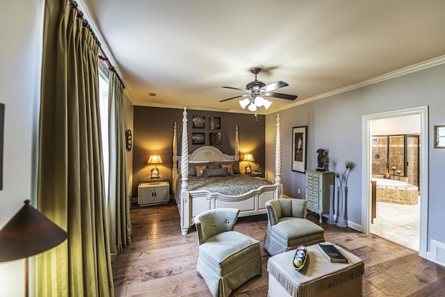 190 Links View Dr, Oakland, TN 38060 - bedroom featuring ornamental molding, hardwood / wood-style flooring, connected bathroom, and a ceiling fan