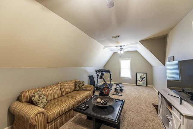 190 Links View Dr, Oakland, TN 38060 - carpeted living room featuring a ceiling fan and lofted ceiling